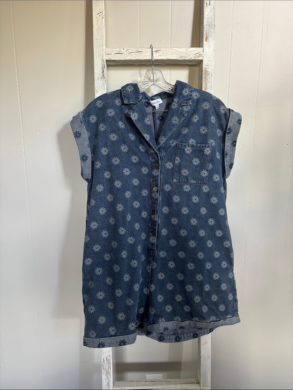Denim Blue Floral Print Romper Jumpsuit